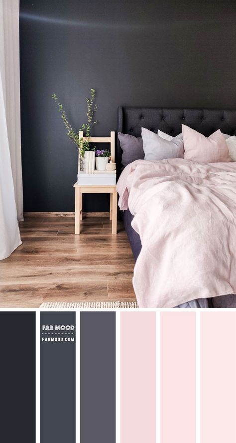 A touch of color can transform the most subtle, plain looking bedroom into a cozy, pleasing to the eye room. Colors on the walls... Charcoal Bedroom Ideas, Bedroom Inspirations Cozy Color Schemes, Bedroom Charcoal, Bedroom Inspirations Teenage, Blush Bedroom, Bedroom Inspiration Cozy, Beautiful Bedroom Colors, Wedding Color Palettes, Themes Wedding