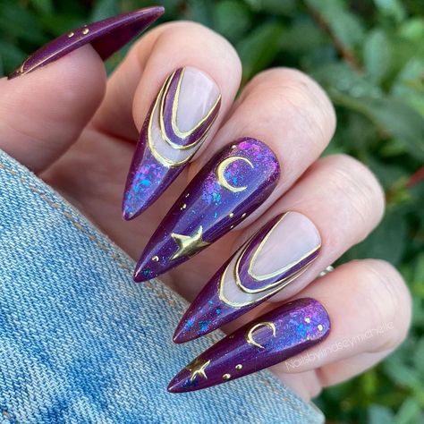 Hand painted nail art Witchy Moonchild Galaxy press on | Etsy Galaxy Nail Art, Witchy Nails, Moon Nails, Galaxy Nails, Goth Nails, Acrylic Press On Nails, Painted Nail Art, Dope Nails, Nail Arts