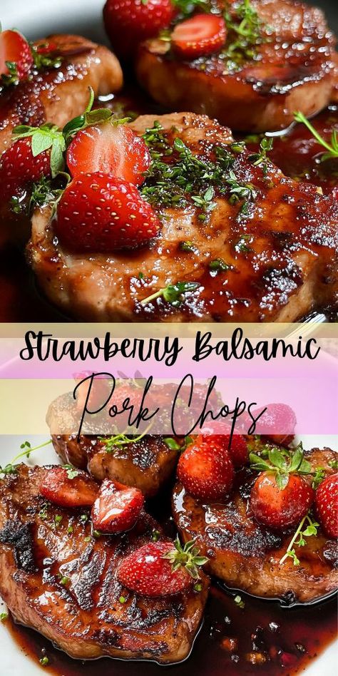 These Strawberry Balsamic Pork Chops bring together sweet and savory in a way that will blow your mind! The strawberry balsamic glaze adds a unique touch of sweetness and tang to perfectly grilled pork chops, creating an unforgettable flavor combination. 🥂 Perfect for grilling season, these pork chops with strawberry glaze are sure to impress at your next BBQ or dinner party. #PorkChops #StrawberryBalsamic #BBQRecipes #GrilledPork #StrawberryGlaze #SavoryAndSweet #SummerDinners #PorkRecipes Pork Chops Juicy, Balsamic Pork Chops, New Recipes For Dinner, Balsamic Pork, Strawberry Balsamic, Juicy Pork Chops, Strawberry Glaze, Grilled Pork Chops, Balsamic Reduction