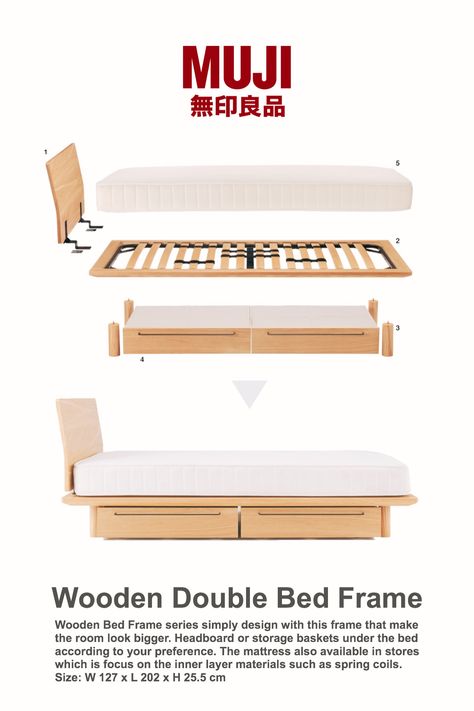 Muji Wooden Double Bed Frame Muji Bed Frame, Minimalist Double Bed, Minimalist Bed Frame Wood, Muji Bed, Wooden Double Bed Frame, Muji Bedroom, Wooden Double Bed, Room Air Purifier, Frame Bed