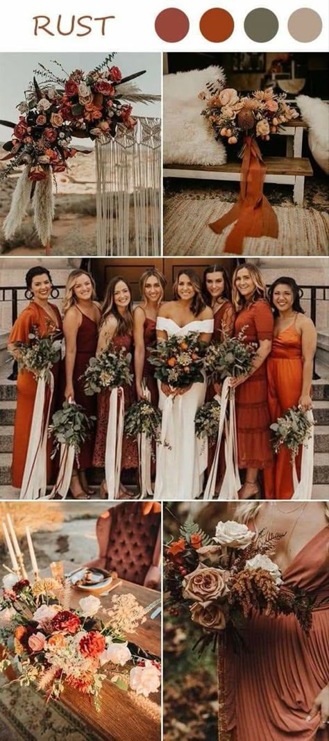 Rust Wedding Ideas, Wedding Ideas For Fall, Orange Wedding Themes, Rust Wedding, Orange Wedding Colors, Fall Wedding Color Schemes, Rust Bridesmaid Dress, Rusting Wedding, Wedding Color Pallet