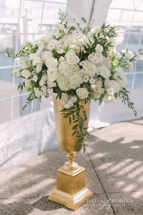 white-wedding-flowers-ceremony-oakville - Wedding Decor Toronto Rachel A. Clingen Wedding & Event Design White Gold Flower Arrangement, White And Gold Floral Arrangements, Gold Urn Centerpiece, Tall Gold Vase, Gold Vase Flowers, Urn Centerpiece, White Wedding Flower Arrangements, Gold Vases Wedding, Tall Gold Vases