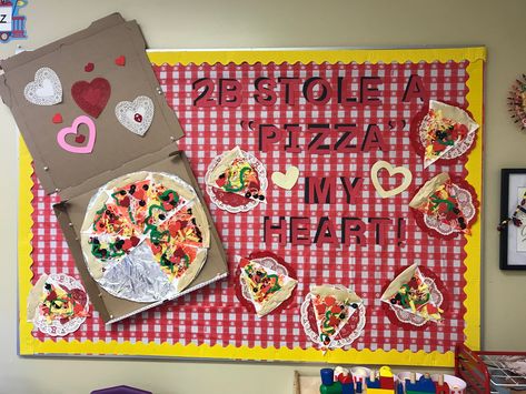 Valentine’s bulletin board #pizza so cute!!! Valentines Cafeteria Bulletin Board, Pizza My Heart Bulletin Board, Food Bulletin Boards Preschool, Baking Bulletin Board Ideas, Pizza Bulletin Board, Valentine School Bulletin Board Ideas, Strawberry Bulletin Board Ideas, Pizza Bulletin Board Ideas, Valentine Bulletin Boards For School