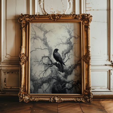 Enhance your nature wall decor with this exceptional matte poster print crafted with precision and care, and designed exclusively by Madelyn Jane Creates. Inspired by master artists such as William Morris, Walter Crane, Gustav Klimt, and others, this vintage style print is an exceptional piece of wall art that will compliment your home or office. Perfectly capturing the mystique of the raven, perched in a dark and misty forest, this quality print makes a great gift for yourself, or the raven lov Dark Academia Photography, Dark Wall Decor, Victorian Home Ideas, Raven Perched, Landscape Dark, Dark Wall Art, Moody Wall Art, Crow Painting, Gothic Wall Decor