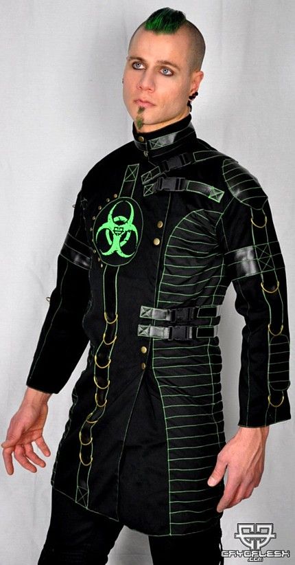 $65.99 Bio-Decy Jacket from Cryflesh; it matches the pants! the green glooooows Cyberpunk Theme Outfit, Punk Outfits Men, Cyberpunk Goth, Cybergoth Fashion, Dc Oc, Goth Guy, Office Goth, Industrial Theme, Cyberpunk Clothing