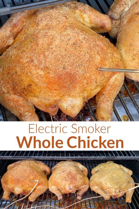 Collage of whole chickens on an electric smoker with text Smoker Whole Chicken, Easy Electric Smoker Recipes, Whole Smoked Chicken, Bbq Whole Chicken, Smoker Recipes Chicken, Meal On A Budget, Gas Grill Recipes, Easy Smoker Recipes, Smoker Recipes Electric