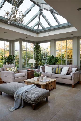 Living Room by Westbury Garden Rooms Veranda Living Room, House Atrium Design, Large Conservatory Ideas, Yea Garden, Room Skylight, Orangery Interior, Home Conservatory, Lantern Roof, Conservatory Interiors