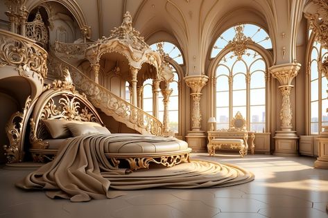 Luxury bedroom in light colors with gold... | Premium Vector #Freepik #vector #hotel-room #bedroom-design #bedding #bedroom-furniture Luxury Bedroom Lighting, Royal Bedroom Design, Bedroom Castle, Opulent Bedroom, Mansion Bedroom, Royal Bed, Golden Furniture, Royal Room, Royal Bedroom