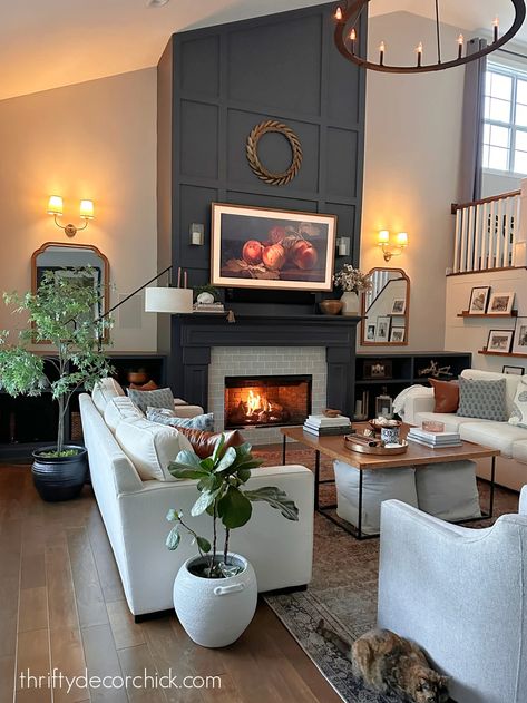 Living Room With Two Couches, Painted Fireplace Surround, Fireplace Built Ins Diy, Painted Fireplace, Fireplace Trim, Two Couches, Tall Fireplace, White Mantel, Painted Interior Doors