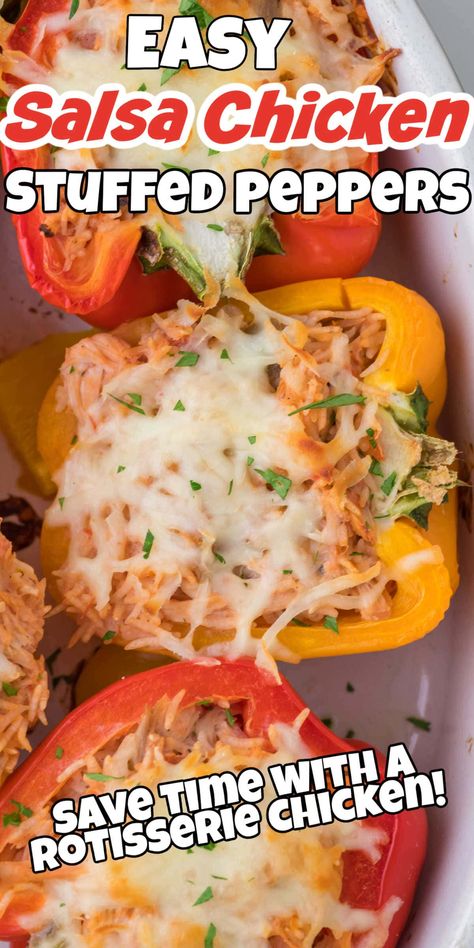 The best recipe for Salsa Chicken Stuffed Peppers! Sweet bell peppers are filled with shredded chicken and a creamy salsa mixture then topped with cheese, making them an irresistible and healthy meal. Perfect for a family dinner or meal prep. Follow for more great recipes. Shredded Chicken Stuffed Bell Peppers, Cheesy Chicken Stuffed Peppers, Shredded Chicken Peppers, Chicken Bell Pepper Casserole, Rotisserie Chicken And Peppers, Frozen Bell Pepper Recipes, Chicken Enchilada Stuffed Peppers, Shredded Chicken Stuffed Peppers, Mexican Chicken Stuffed Peppers