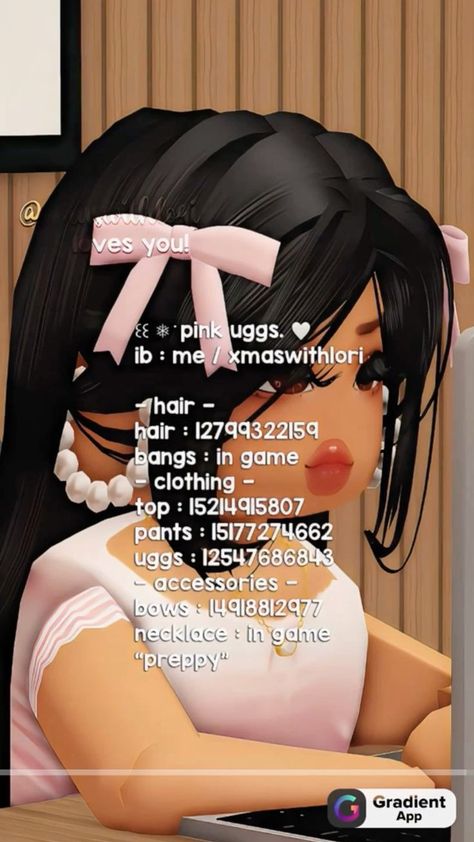 Bloxburg Outfits, Blocksburg Outfit Codes￼, Code Clothing, Roblox Character, Pink Uggs, Black Hair Roblox, Baddie Outfits Ideas, Bloxburg Decal Codes, Coding Clothes