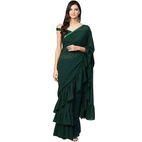 Green Ruffle Saree, Green Georgette Saree, Best Designer Sarees, Dark Green Blouse, Blouse Sari, Georgette Saree With Blouse, Wedding Sarees Online, Indian Bridesmaid Dresses, Wedding Sari