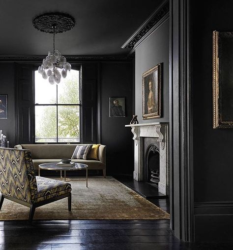 From @zoffanyfw's Alchemy of Colour Paint collection Vine Black creates a moody luxurious look intertwining soot black with tonal blues. Paint your walls and ceiling the same colour for an infinity effect. #alchemyofcolour #zoffanypaint #paint #black #colour #decorate #interiordesign #homestyle #homedesign #luxurydesign Dark Academia Living Room, Dark Academia Bedroom, Academia Bedroom, Dark Living Rooms, Dark Walls, Black Ceiling, Dark Interiors, Black Walls, Front Room