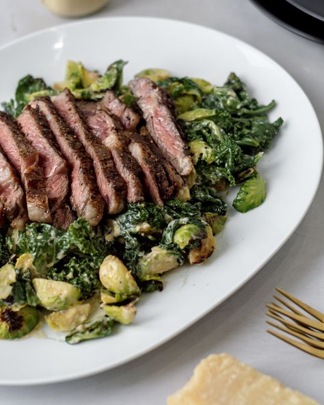 Steak Brussel Sprouts, Steak And Kale Salad, Steak And Kale, Kale Steak Salad, Steak Caesar Salad, Steak Ceasar Salad, Kale Cesar Salad, Roasted Steak, Grilled Brussel Sprouts