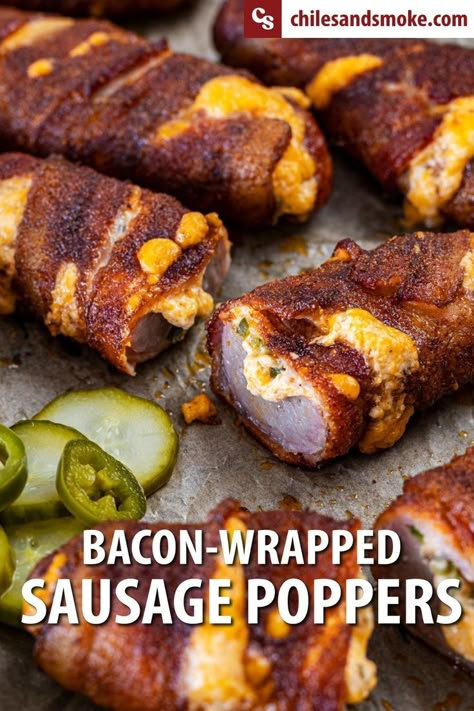 Creamy Pimento Cheese, Bacon Wrapped Sausages, Simple Treats, Sausage Wrap, Bacon Wrapped Jalapeno Poppers, Smoked Jalapeno, Bacon Wrapped Jalapenos, Poppers Recipe, Bacon On The Grill