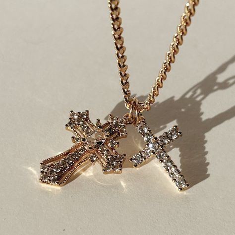 Gold Necklace Real, Stacked Cross Necklaces, Cross Necklace Christian, Women’s Cross Necklace, Pretty Cross Necklace, God Accessories, Chunky Cross Necklace, A Cross Necklace, Gold Cross Bracelet