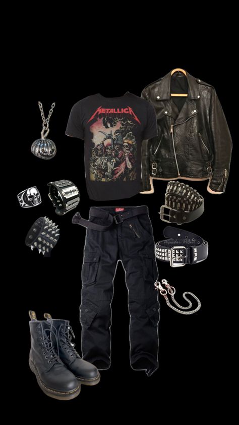 Black Aesthetic Grunge Outfit, Aesthetic Grunge Outfits Men, Metalhead Aesthetic Outfit, Grunge Outfits Punk, Grunge Punk Outfits, Metalhead Fashion, Silly Clothes, Kawaii Fashion Outfits, Leather Jacket Outfits