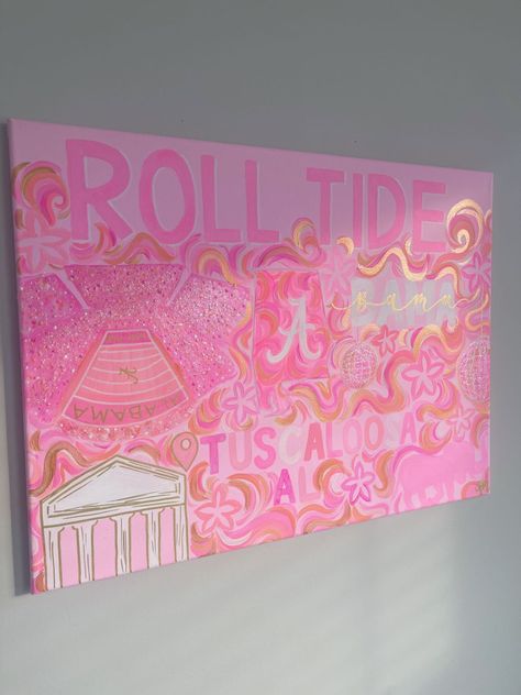 Bama Painting Canvases, Alabama Preppy Painting, Alabama Canvas Painting, College Painted Canvas, Alabama Painting, Dorm Room Ideas Alabama, Preppy Dorm Art, College Wall Art Painting, Preppy Wall Paintings