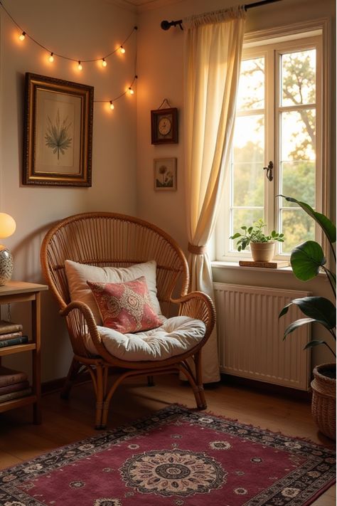 Boho bedroom corner with peacock chair, rugs, and string lights Boho Rattan Bedroom, Cozy Reading Corner Bedroom, Boho Reading Corner, Boho Reading Nook, Reading Corner Bedroom, Corner Bedroom, Rattan Bedroom, Cozy Reading Corner, Boho Bedroom Decor Ideas