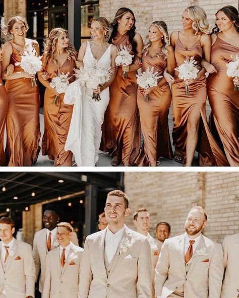 Beige Suit With Rust Tie, Rust Color Theme Wedding, Bridesmaid Bronze Dress, Light Copper Bridesmaid Dress, Bronze Bridesmaids Dresses, Rust Orange Bridesmaid Dresses With Groomsmen, Copper Groomsmen Attire, Copper Bridal Party, Rust And Beige Wedding