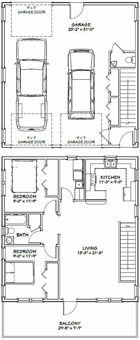 30X32 HOUSE -- 2 bedroom 1.5 Bath -- 986 sqft -- PDF Floor Plan -- Model 1I $29.99 - PicClick House Plans With Garage, Garage Apartment Floor Plans, Plan Garage, Carriage House Plans, Garage Addition, Garage Loft, Garage Apartment Plans, Trendy Apartment, Apartment Plants