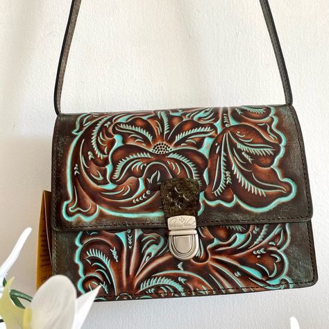 Brown Leather Crossbody Bag, Turquoise Leather, Brown Crossbody, Hand Tooled Leather, Credit Card Wallet, Leather Crossbody Purse, Tooled Leather, Leather Tooling, Leather Crossbody Bag