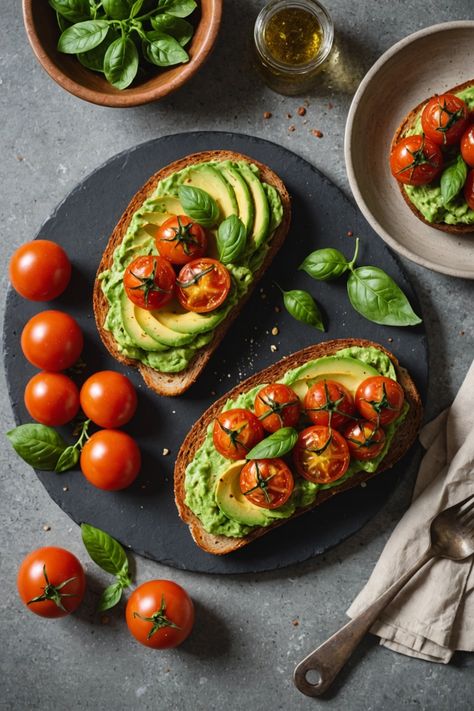 A photo of a  Avocado Toast with Roasted Tomatoes which is a type of Avocado toast Avocado Toast Breakfast Aesthetic, Cultural Breakfast, Toast Combinations, Brunch Plating, Toast Photography, Breakfast Food Ideas, Toast Aesthetic, Gourmet Toast, Simple Avocado Toast