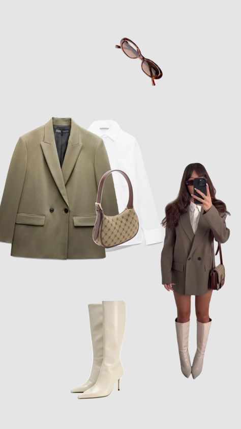 Boot Winter Outfits, Outfits Ideas Winter, High Heel Boots Outfit, Khaki Blazer, Outfit Ideas Fashion, Winter Outfit Ideas, Day Outfits, Heel Boot, Blazer Beige