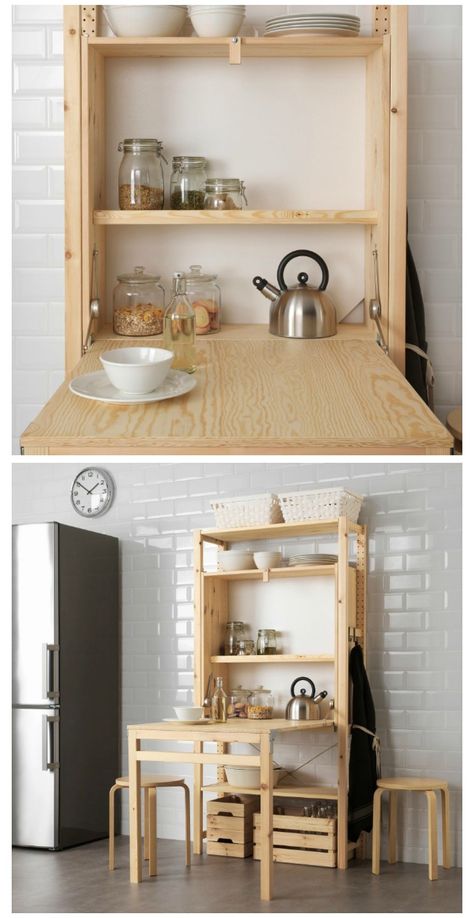 IKEA launches space-saving shelving unit with foldable table #smallspace #compactliving Space Saver Kitchen Table, Space Saving Kitchen Table, Furniture Space Saving, Ikea Small Spaces, Space Saving Apartment, Space Saving Shelves, Diy Space Saving, Small Kitchen Tables, Space Saving Kitchen