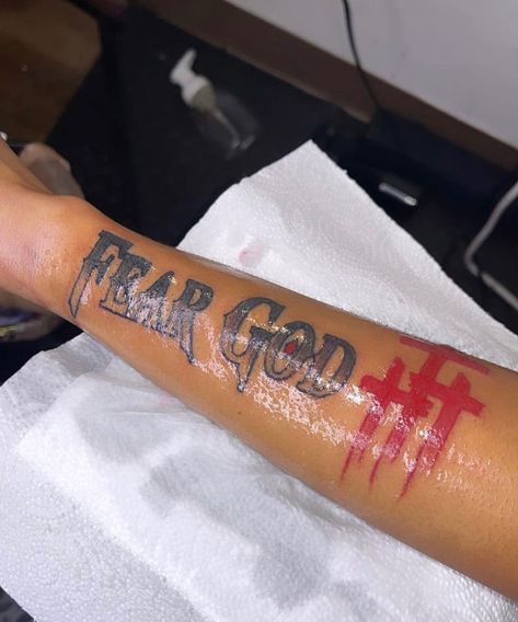 Fear God Arm Tattoo, Fear None Tattoo Men, Fear God Tattoo Men, Fear God Tattoo, Simple Leg Tattoos, Fear Tattoo, Memorial Tattoo Ideas, Arm Tattoos For Guys Forearm, Word Tattoo Ideas