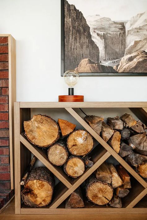 Indoor Log Storage Bench, Wood Storage Fireplace, Indoor Wood Storage Ideas, Indoor Log Storage, Storage Fireplace, Timber Storage, Firewood Storage Indoor, Octagon House, Fireplace Beam