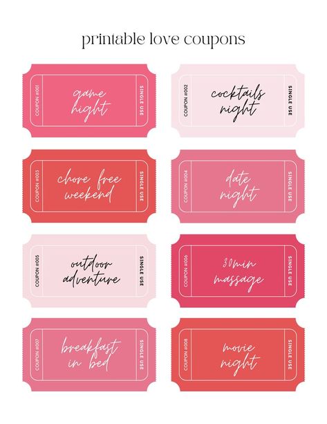 Coupon Books For Boyfriend, Printable Love Coupons, Valentine Worksheets, Gift Voucher Design, Romantic Date Night Ideas, Voucher Design, Diy Coupons, Free Printable Coupons, Bf Gifts