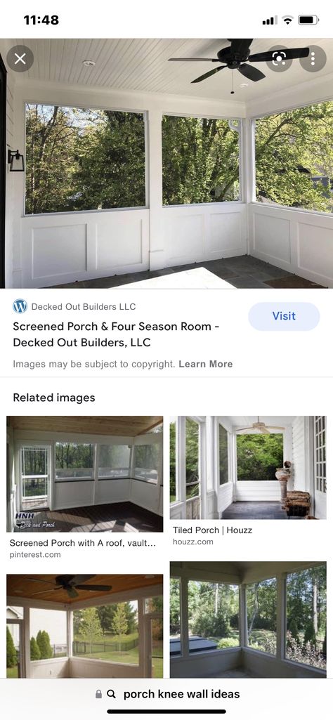 Screened In Porch Knee Wall, Screened In Porch With Solid Knee Wall, Screen Porch With Knee Wall, Screened In Porch With Half Wall, Knee Wall Screened In Porch, Porch Knee Wall Ideas, Porch Knee Wall, Front Porch Addition, Different House Styles