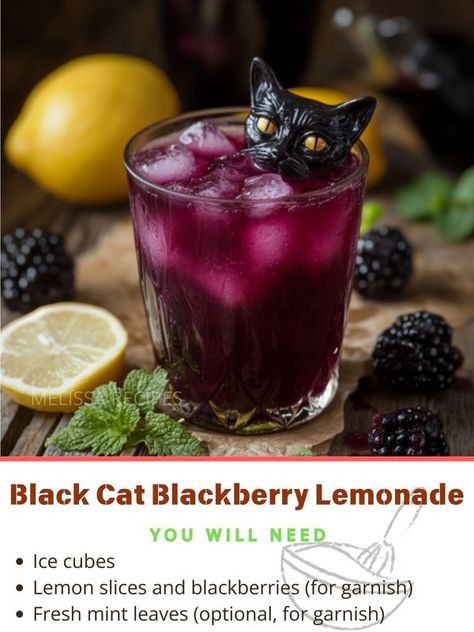 Melissa Recipes | Black Cat Blackberry Lemonade Spooky Drinks, Blackberry Lemonade, Blackberry Syrup, Squeezed Lemon, Water Ice, Lemon Slices, Themed Drinks, Fresh Mint Leaves, Cat Themed