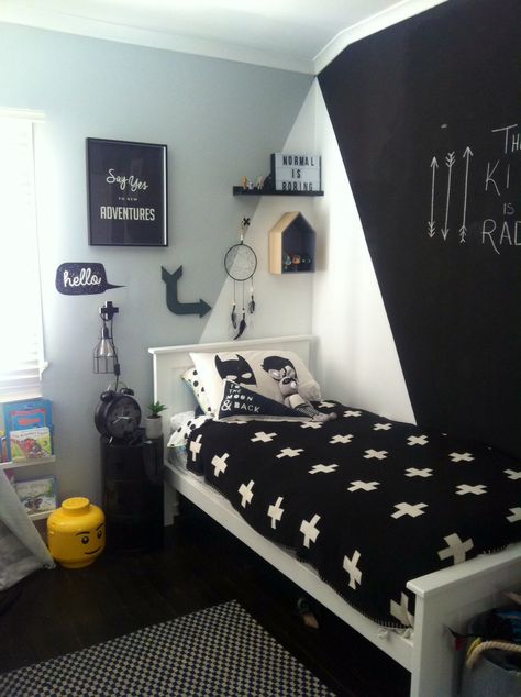 Boy Bedroom Black Furniture, Boys Black And White Room, Black And White Boys Bedroom, Kids Black Bedding, Boys Monochrome Bedroom, Boys Black And White Bedroom, Black And White Boys Room, Yellow Boys Bedroom, Black And White Wallpaper Kids Bedroom