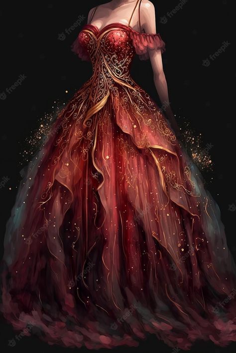 Red And Gold Dress Gowns, Red And Gold Dress Formal, Red And Gold Fantasy Dress, Red And Gold Ball Gown, Gold Fantasy Dress, Red Fantasy Gown, Red Fantasy Dress, Fire Faerie, Red And Gold Prom Dress