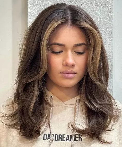 Layered Hair Money Piece, Brunette Shoulder Length Hair, Dimensional Brown, Wavy Layered Hair, Haircuts 2024, Short Hair Highlights, Middle Part Hairstyles, Short Hair Black, Dyed Blonde Hair