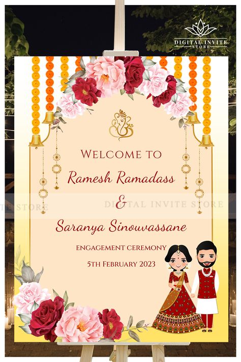 This Indian Engagement sign template download is one, that you can easily play around with to match your Indian wedding decor & theme.
While the base has been already designed for you, the idea here is to make it personal with your style, by adding your own personality to it!

Personalizing & printing your own Ring Ceremony Entry Sign for Engagement Welcome Sign Indian has never been easier and your editable Indian couple Engagement Welcome Sign Hindu can be printed anywhere you choose Engagement Boards Welcome Indian, Engagement Entry Board, Engagement Sign Board, Wedding Banner Design Tamil, Engagement Welcome Board, Engagement Entry, Indian Ring Ceremony, Engagement Signage, Engagement Decorations Indian