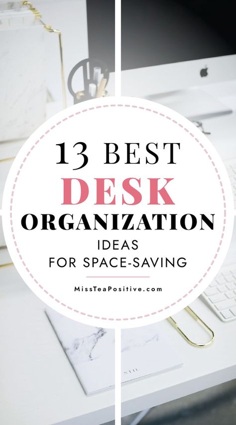 How to organize your desk? Here are 13 desk organizing hacks! These space saving ideas include computer desktop organization tips for your home office, cute ways to organize a small study table with no drawers in your room, how to organize cables and cords under desk at home or at work, and simple small desk organization ideas. Drawerless Desk Organization, Small Desk Styling, Minimalist Office Desk Decor, Modern Desk Organization, Organize Teacher Desk, How To Organize Home Office, Desk Cable Organization, Feng Shui Work Desk, Office Table Organization