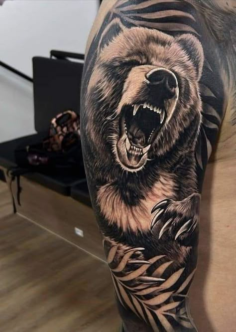 Bear Sleeve Tattoo, Grizzly Bear Tattoos For Men, Big Bear Tattoo, Grizzly Bear Tattoos, Beer Tattoos, Tattoo Ideas Males, Bear Tattoo Designs, Tattoo 2024, Animal Sleeve Tattoo