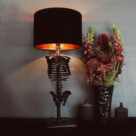 THE BLACKENED TEETH Ltd on Instagram: “The Skeleton Table Lamp Copper Inner Lampshade for a lovely warm glow! Get that Christmas Wish List started!!✨ www.theblackenedteeth.com…” Skeleton Table, Skeleton Lamp, Blackened Teeth, Gothic Homeware, Whats Wallpaper, Hue Lights, Arte Peculiar, Diy Halloween Decor, Dark Home Decor