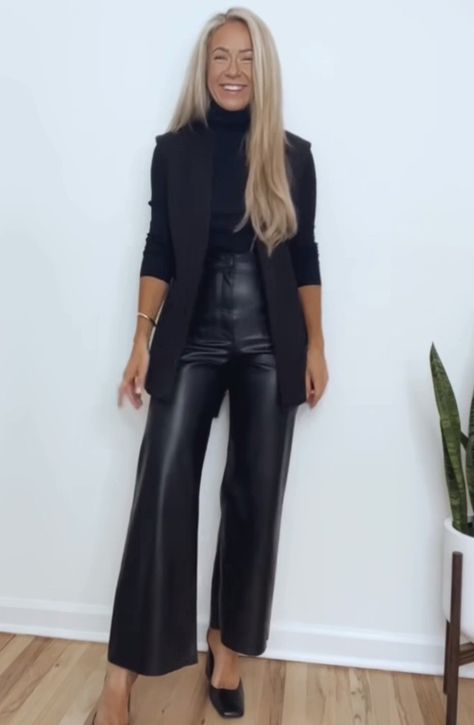 Leather Flair Pants Outfits, Black Blazer And Black Pants Outfit, Black Leather Pants With Blazer, Leather Pants Wide Leg Outfit, Black Leather Flares Outfit, Black Leather Pants Outfit Work, Leather Wide Pants Outfit, Leather Pants Cocktail Outfit, Formal Leather Pants Outfit