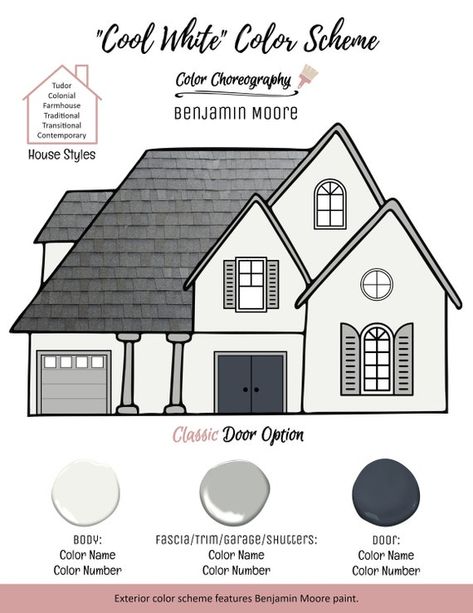 Color Palette Exterior House, House Design Color, Exterior Home Color Schemes, Benjamin Moore Exterior Paint, Exterior Paint Color Schemes, Exterior Color Combinations, Benjamin Moore Exterior, Gray House Exterior, Exterior Color Palette