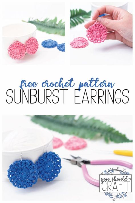 Crochet Thread Earrings Free Pattern, Crochet With Embroidery Floss, Thread Crochet Patterns Free, Embroidery Floss Crochet, Sunburst Earrings, Silly String, Ring Patterns, Crocheted Earrings, Crochet Accessory