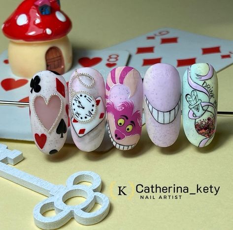 Alice In Wonderland Nail Art Design, Alice In Wonderland Nail Art, Alice In Wonderland Nails, Easter Nails Easy, Wonderland Nails, Disney Nail Art, Nails Colour, Cartoon Nail Designs, Easter Nail Art Designs