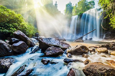 Cha-Ong-waterfall-in-Ratanakiri-Cambodia Phnom Kulen National Park, Cambodia Beaches, Mountain Waterfall, Cambodia Travel, Siem Reap Cambodia, Siem Reap, Angkor Wat, Angkor, Day Tours