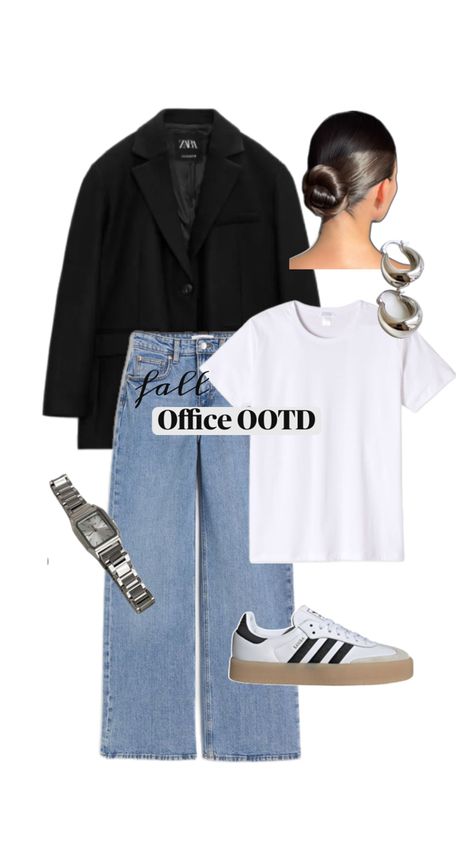 Outfit of the Day | Fall | Blue Jeans | Blazer | White Tshirt | Silver Jewelry Tshirt And Blazer Outfit, The Office Tshirt, Office Ootd, Fall Blue, Jeans Blazer, Tshirt Outfit, Blazer White, Ootd Fall, Blazer Outfit