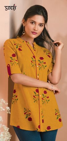 Short Kurti Designs, Cotton Tops Designs, Short Kurtis, Indian Kurti Designs, New Kurti Designs, Designer Kurti Patterns, Simple Kurti Designs, Tunic Designs, Short Kurti