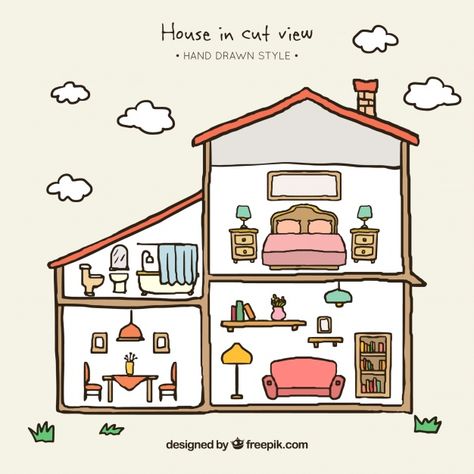 Hand-drawn house with different rooms Free Vector Art Sketches Tutorial, Vector Scenery, House Drawing For Kids, Eiffel Tower Art, Room Drawing, Research Poster, Scenery Drawing, Cartoon House, Toddler Arts And Crafts