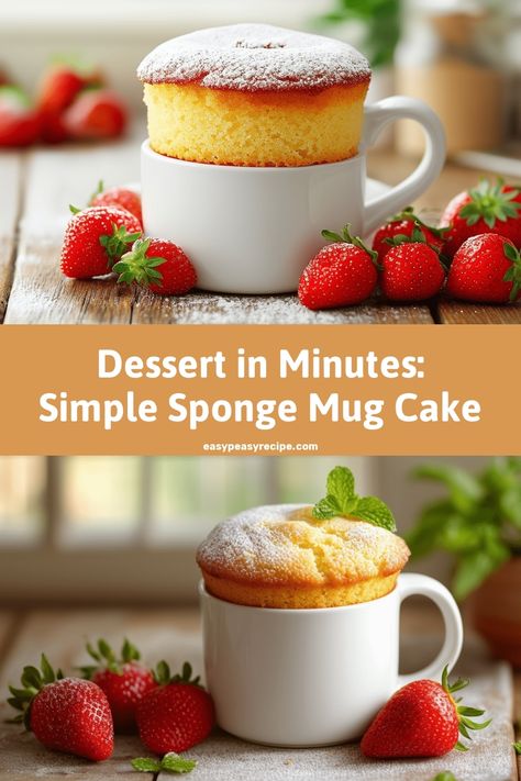 A fluffy sponge mug cake dusted with powdered sugar and surrounded by fresh strawberries on a rustic wooden table. Simple Mug Cake Recipe, Mug Dessert Recipes, Traditional Baking, Easy Mug Cake, Mug Cake Recipe, Mug Cake Microwave, Tea Cakes Recipes, Dessert For Two, Rich Desserts